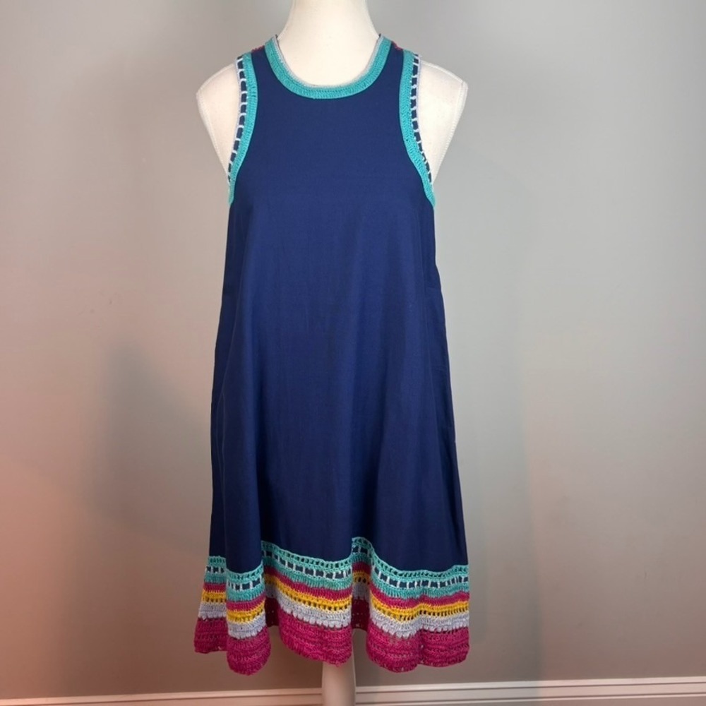 Akemi + Kin Anthropolige Xanthe‎ Blue Crochet Trim Swing Shift Dress XS Colorful